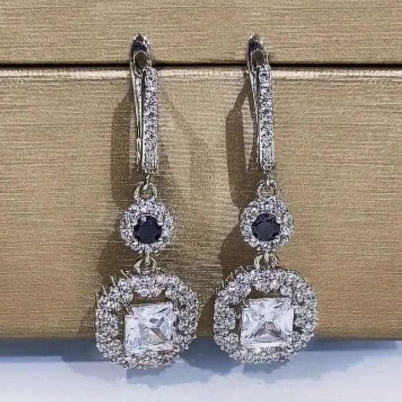 B💎Square Halo Drop Dangle Earrings silver plated 1.76 Simulated diamond Earring - Picture 2 of 4